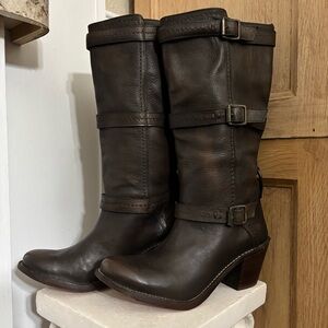 Frye Carmen 3 Strap Leather Buckle Dark Brown Heeled Boots